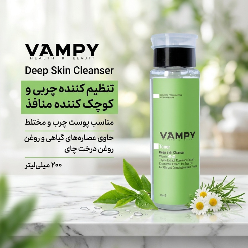 تونر پاک‌کننده صورت وامپی مدل Deep Skin Cleanser مناسب برای پوست چرب و مختلط حجم 200 میلی‌لیتر