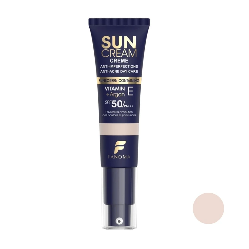 کرم ضد آفتاب رنگی صورت فانوما SPF 50 مدل ضدآفتاب بدون چربی و ضدجوش فانوما رنگ ۰۱ ‌مناسب برای انواع پوست حجم 35 میلی‌لیتر