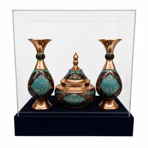 ست 3 تکه گلدان و شکلات خوری مسی مدل الماس تراش کد 25