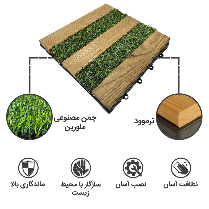 کفپوش مدل تایل ترمو چمن 5 ردیفه سایز 30x30 سانتی متر بسته 6 عددی