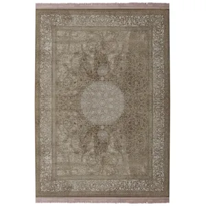 فرش ماشینی 1200شانه زمرد مشهد زمینه بژ حاشیه طوسی طرح پتینه