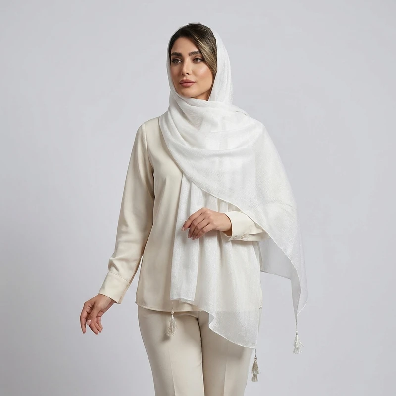 شال ساتن زنانه مدل کریستال منگوله دار با طول و عرض 73*183 سانتی‌متر