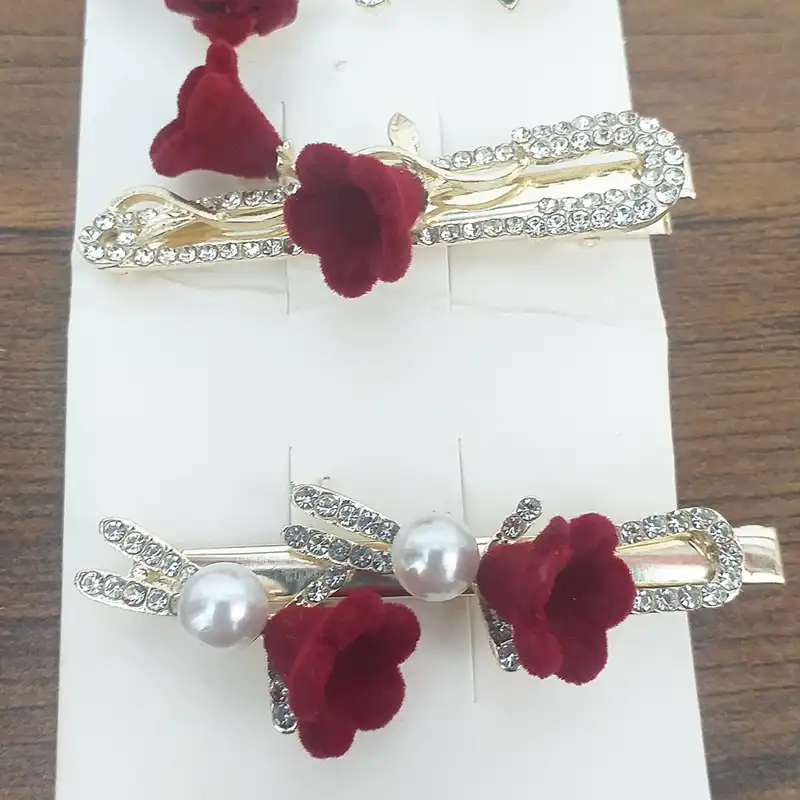 گیره مو زنانه مدل انبری طرح گل رز کد kh333 بسته 6 عددی