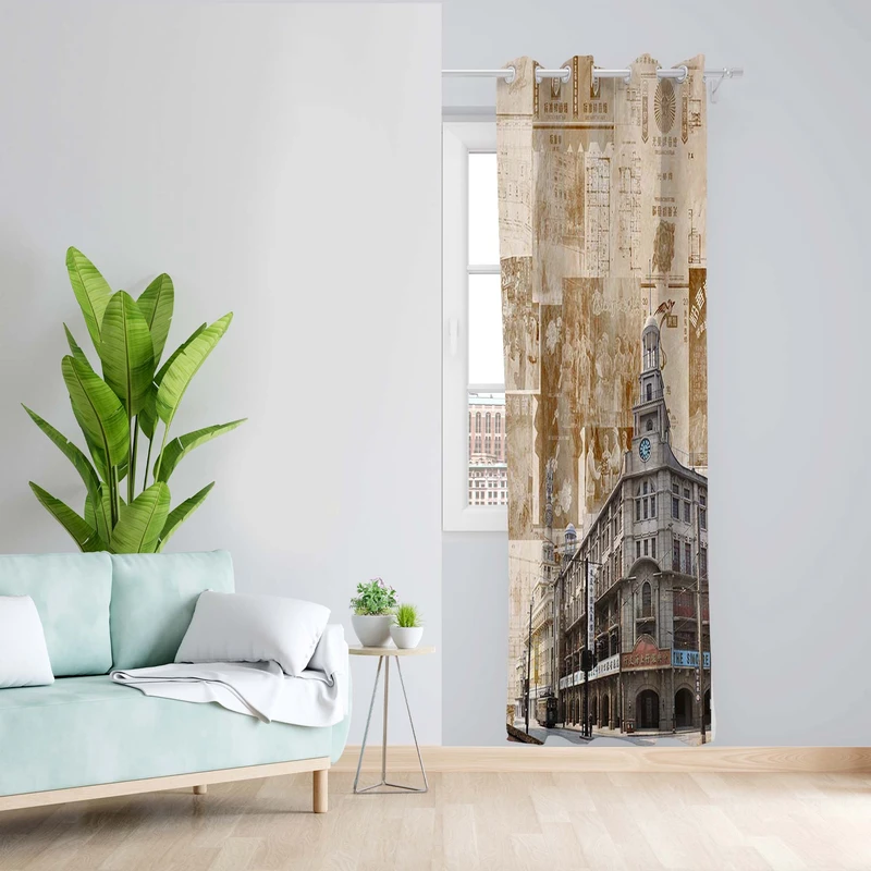 پرده طرح شهر ژاپن مدل مخمل پانچی کد 5445R z سایز 140x200 سانتی متر