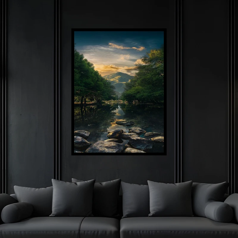 تابلو بکلیت طرح منظره هنری طبیعت درخت کوه و رودخانه مدل B-bu6735 فریم مشکی