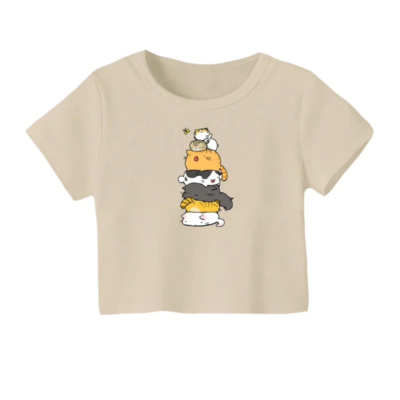 کراپ‌ تی‌شرت آستین کوتاه زنانه مدل گربه بازیگوش