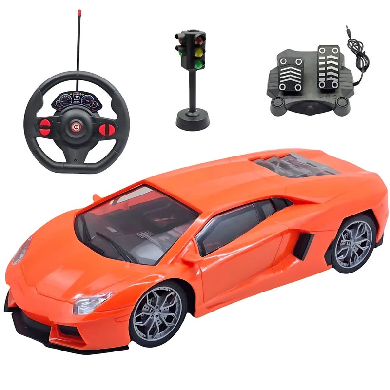 ماشین بازی کنترلی ناب سل مدل لامبورگینی شارژی پدال دار فرمانی چراغ دار همراه با چراغ راهنمایی  Rechargeable Lamborghini with pedals, illuminated steering wheel and traffic lights
