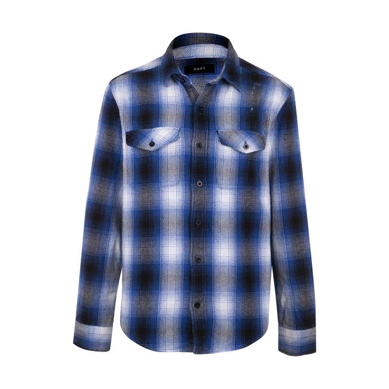 پیراهن آستین بلند مردانه هفت مدل 75465 چهارخانه آبی سفید