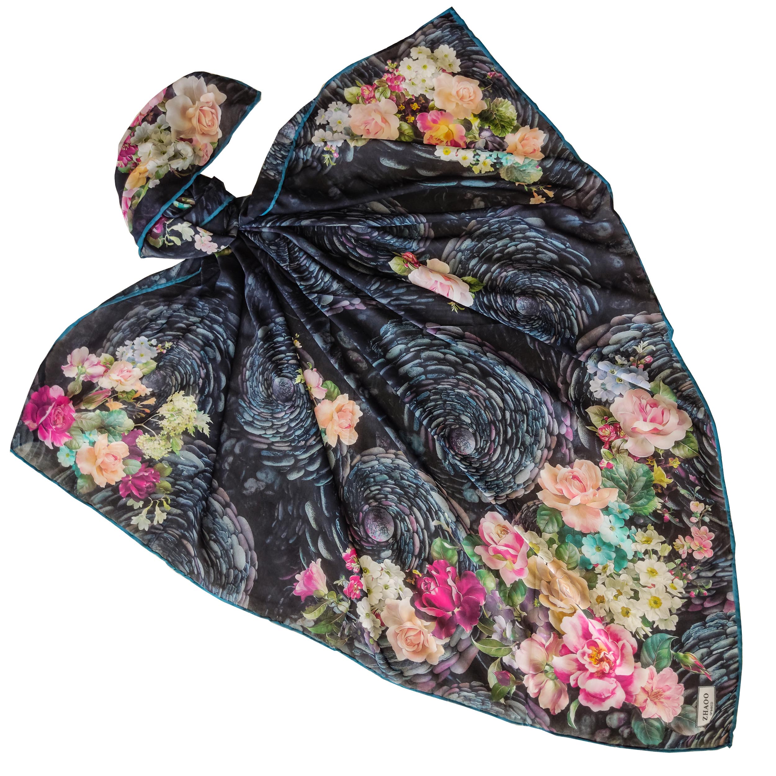 روسری زنانه زاعو مدل مجلسی ابریشمی گل های ارکیده کد 35541