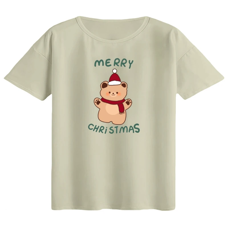 تی‌شرت اورسایز آستین کوتاه زنانه مدل باکسی طرح خرس کریسمس کد 2