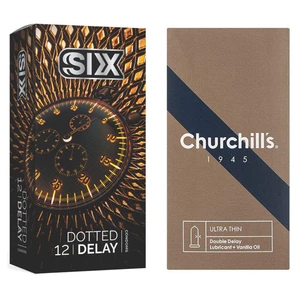 کاندوم چرچیلز مدل Ultra Thin Double Delay بسته 12 عددی به همراه کاندوم سیکس مدل تاخیری بسته 12 عددی