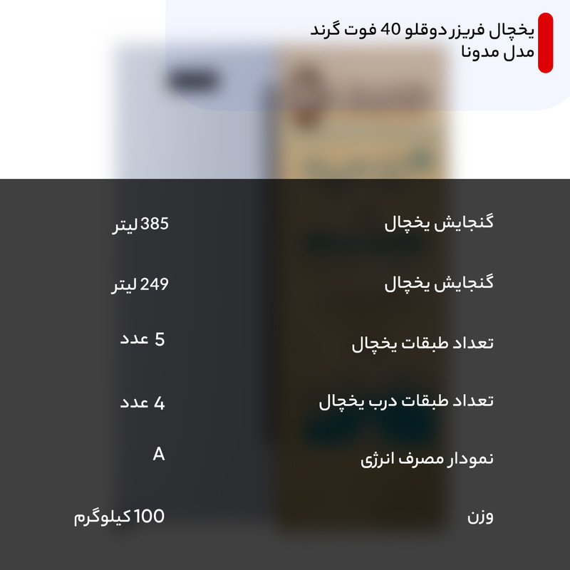 یخچال فریزر دوقلو 40 فوت گرند مدل مدونا، دارای آب‌سردکن و یخ‌ساز اتوماتیک، میزان مصرف انرژی A، دارای 5 طبقه در یخچال و 1 طبقه در فریزر، دارای سیستم نوفراست، دارای فیلتر تصفیه آب
