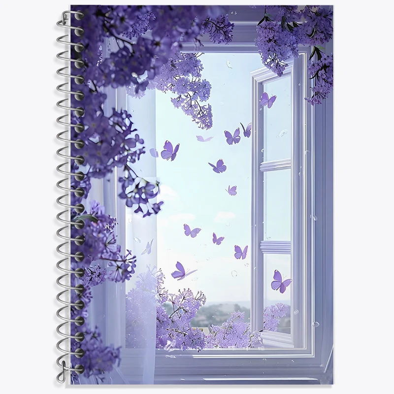 دفتر لغت 50 برگ خندالو طرح پنجره و گل های بنفش کد F7289