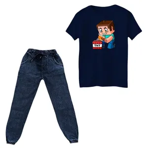 ست تی‌شرت و شلوار دخترانه مدل  ماینکرفت کد 15 رنگ سورمه ای