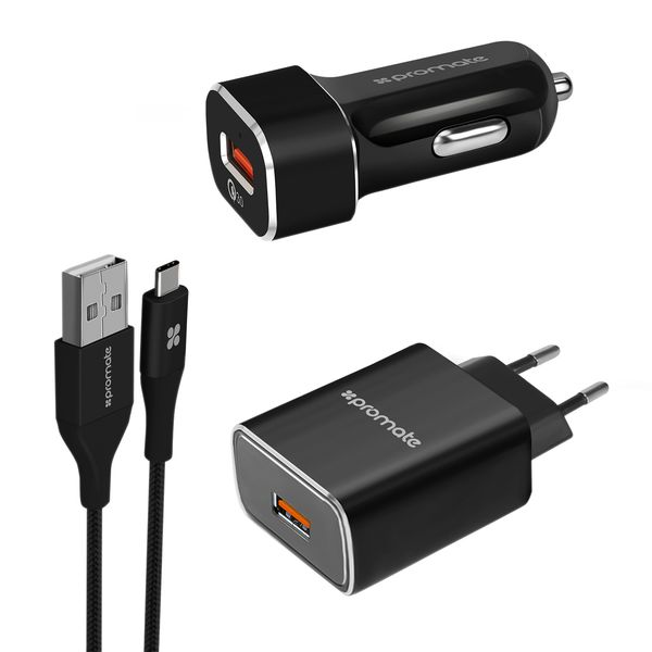 شارژر دیواری پرومیت مدل UniGear-QC3 UE به همراه شارژر فندکی و کابل تبدیل USB به USB-C شارژر دیواری پرومیت مدل UniGear-QC3 UE به همراه شارژر فندکی و کابل تبدیل USB به USB-C