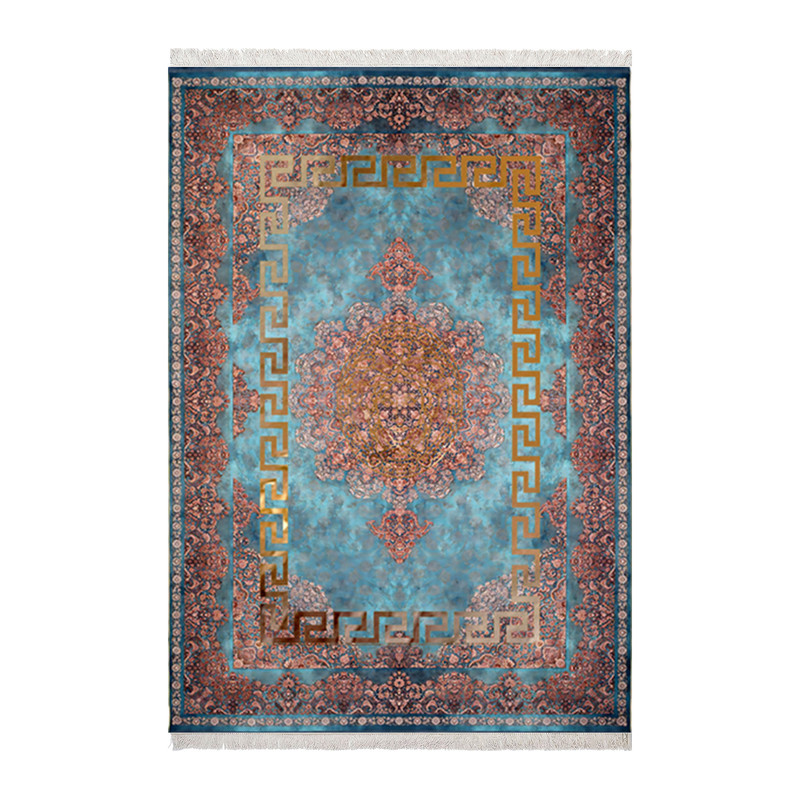 فرش ماشینی زانیس مدل مدرن طرح طلاکوب زمینه فیروزه ای