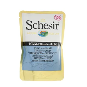 پوچ گربه شسیر مدل Pouch Tuna With Hake-56711 با طعم ماهی تن و ماهی هیک وزن 100 گرم