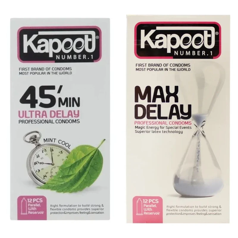 کاندوم تاخیری کاپوت مدل 45min بسته 12 عددی به همراه کاندوم تاخیری کاپوت مدل Max Delay بسته 12 عددی