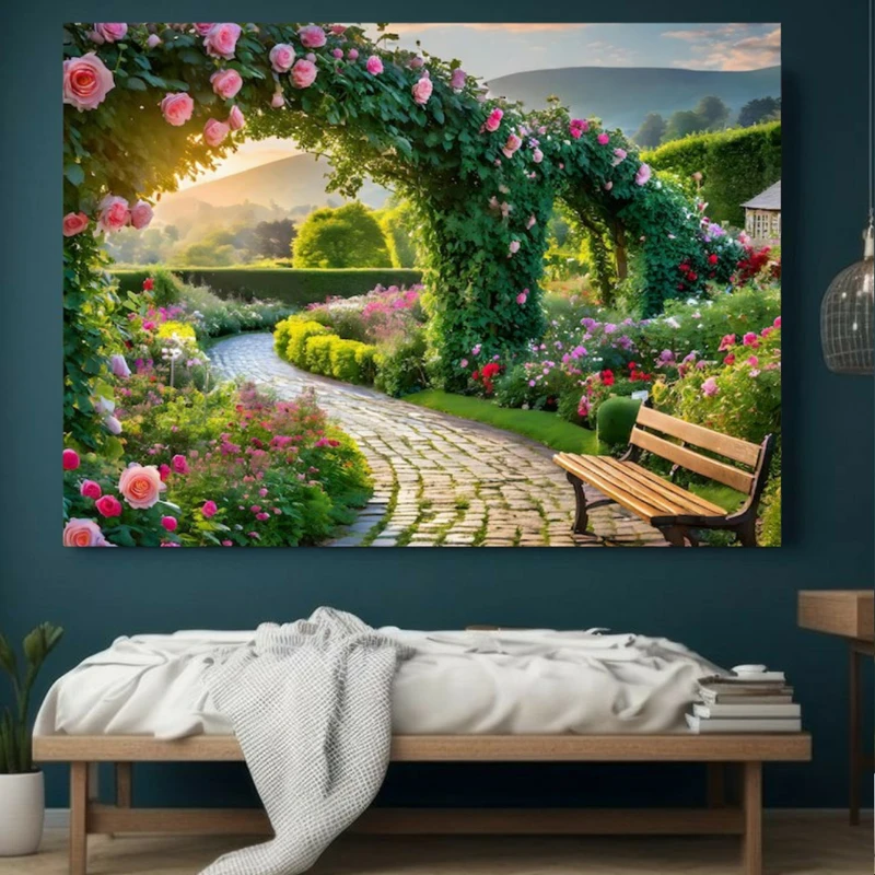 تابلو بوم مخمل طرح باغ پرگل مدل دیپ کد GR1394