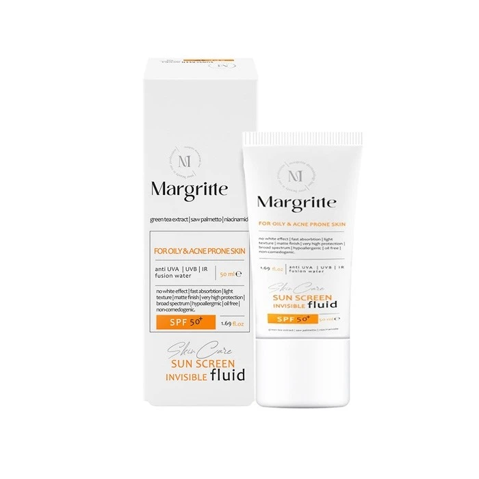 فلوئید ضد آفتاب بی‌رنگ گردن، صورت، دست مارگریت SPF 50 مدل fusion Water ‌محافظ UVA/UVB مناسب برای پوست های مختلط و چرب حجم 50 میلی‌لیتر