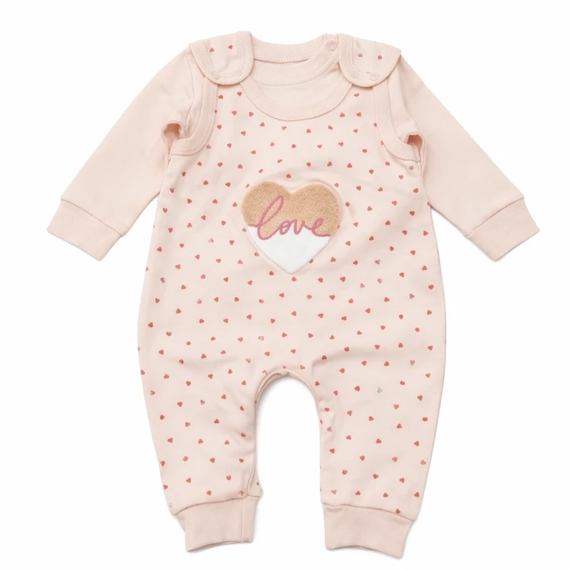 ست تی‌شرت آستین بلند و سرهمی راحتی نوزادی مدل قلب