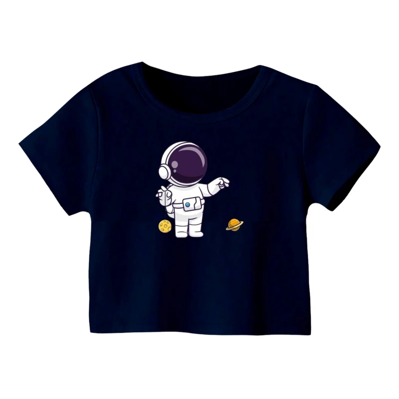 کراپ‌ تی‌شرت آستین کوتاه زنانه مدل فضانورد کد 2 رنگ سرمه ای