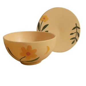 بشقاب سفالی طرح گل به همراه کاسه