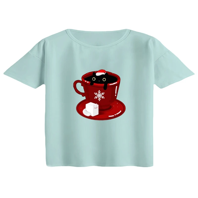 کراپ تی‌شرت آستین کوتاه زنانه مدل فنجان قرمز