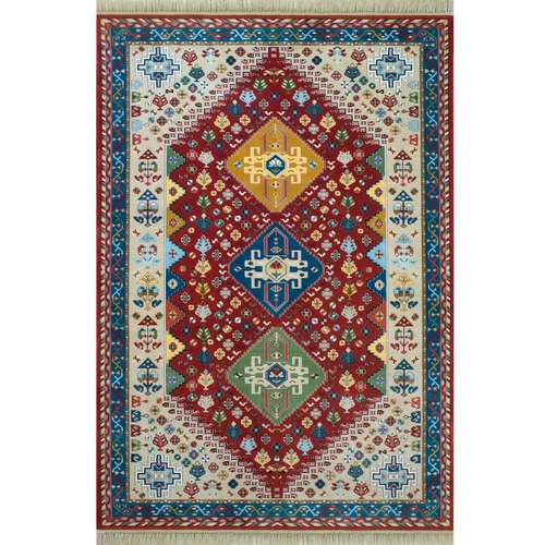 فرش ماشینی فرش رادین طرح گبه آباده 2 رنگ زمینه لاکی