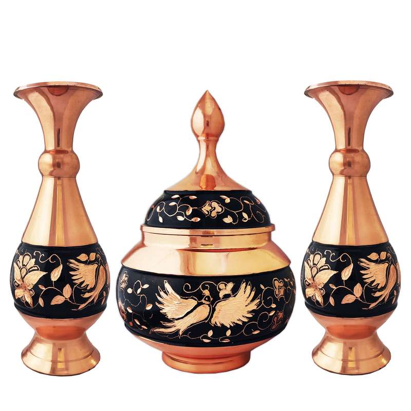ست 3 تکه گلدان و شکلات خوری مسی مدل الماس تراش کد Almas18 