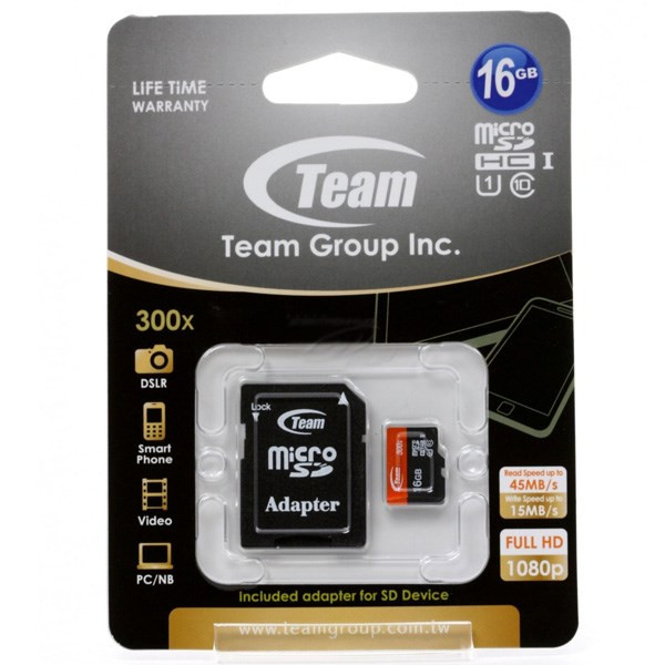 کارت حافظه microSDHC تیم گروپ کلاس 10 استاندارد UHS-I U1 سرعت 45MBps به همراه آداپتور SD ظرفیت 16 گیگابایت