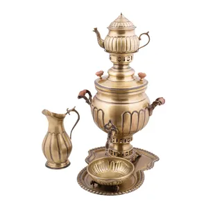 سرویس سماور ذغالی 5 پارچه برنجی مدل خطی کد 85204