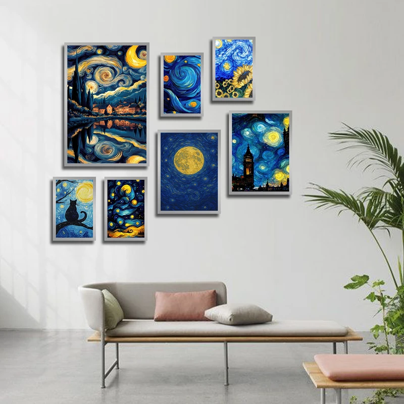 تابلو بکلیت طرح نقاشی رنگ روغن آسمان شب و ماه و گل آفتابگردان مدل SI-3750 فریم نقره ای مجموعه 7 عددی