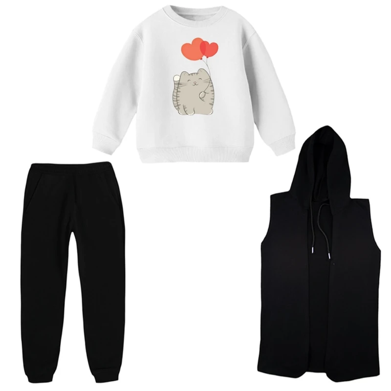 ست 3 تکه لباس راحتی بچگانه مدل گربه و بادکنک قلبی  