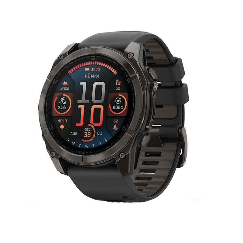 ساعت هوشمند گارمین مدل Fenix 8-51mm Carbon، مناسب برای ورزش، روزمره، دارای قابلیت‌های صفحه نمایش رنگی، ضد آب، کنترل سطح اکسیژن خون، بند سیلیکونی، فناوری GPS، با حافظه داخلی 32 گیگابایت