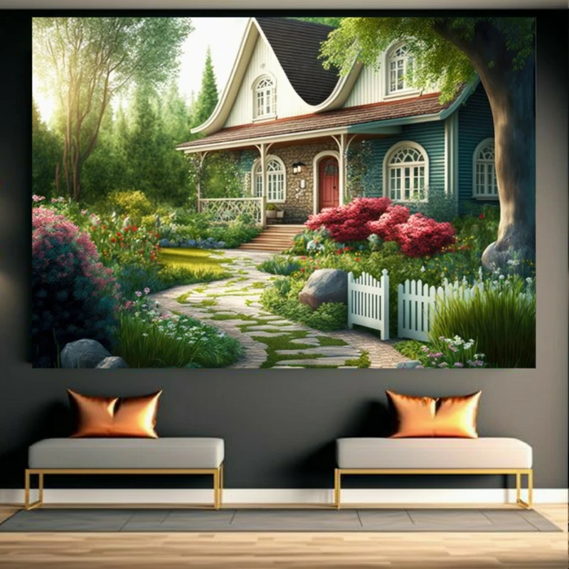 تابلو بوم طرح مخمل نقاشی خانه و باغچه پر گل کد GR1093