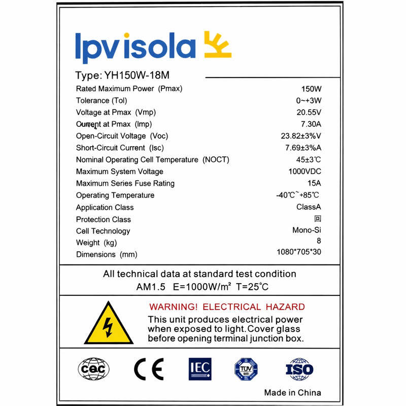 پنل خورشیدی 150 وات ای پی وی ایسولا مدل YH150W-18M