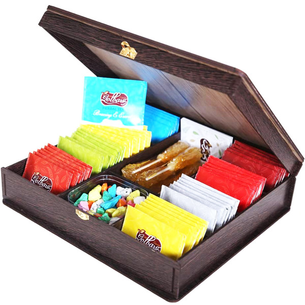 جعبه پذیرایی و هدیه چای و دمنوش گلبرگ زرین مدل TEA BOX بسته 48 عددی همراه با نبات و جعبه شکلات