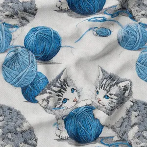 پارچه ملحفه عرض 1.5 متر پارچه باما طرح پنج بعدی گربه کانوایی کد 5013922 رنگ آبی