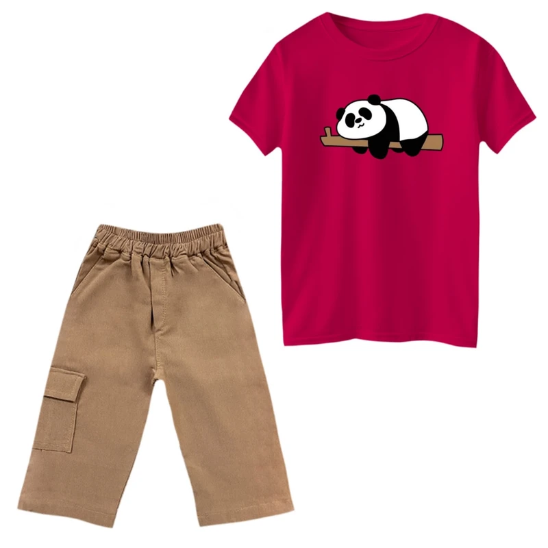 ست تی‌شرت و شلوارک پسرانه مدل پاندا و شاخه رنگ سرخابی
