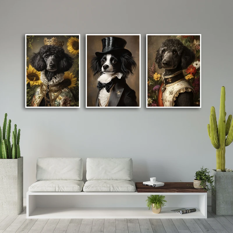 تابلو بکلیت طرح دکوراتیو سگ اشرافی کد W-MR-1090 فریم سفید مجموعه 3 عددی