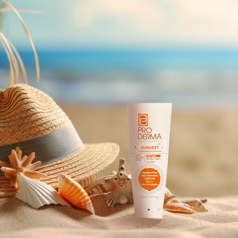 کرم ضد آفتاب بدون رنگ پرودرما SPF50 مدل SUNVEST محافظ UVA ،UVB و +++PA، مناسب انواع پوست حجم 40 میلی‌لیتر