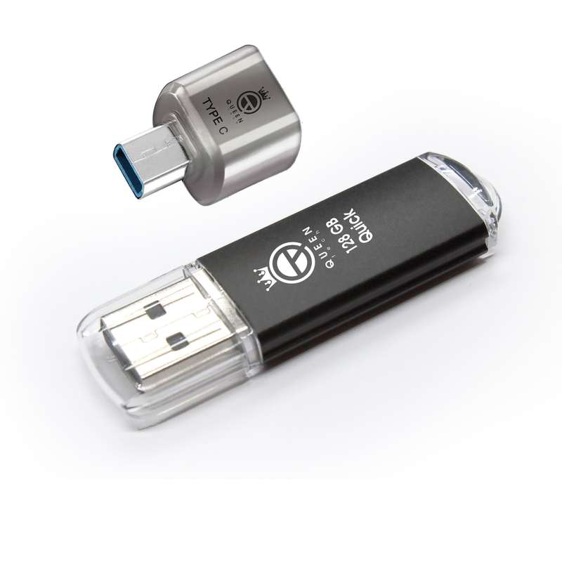 فلش مموری کوئین تک مدل QUICK C-PLUS ظرفیت 128 گیگابایت به همراه مبدل usb-c otg