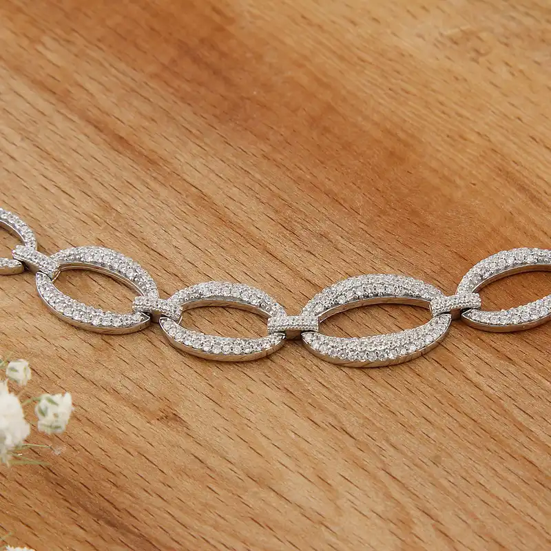 دستبند نقره زنانه بازرگانی میلادی مدل فول نگین برلیان بدون ریزش آبکاری رادیوم قالب جواهری کد DP_781