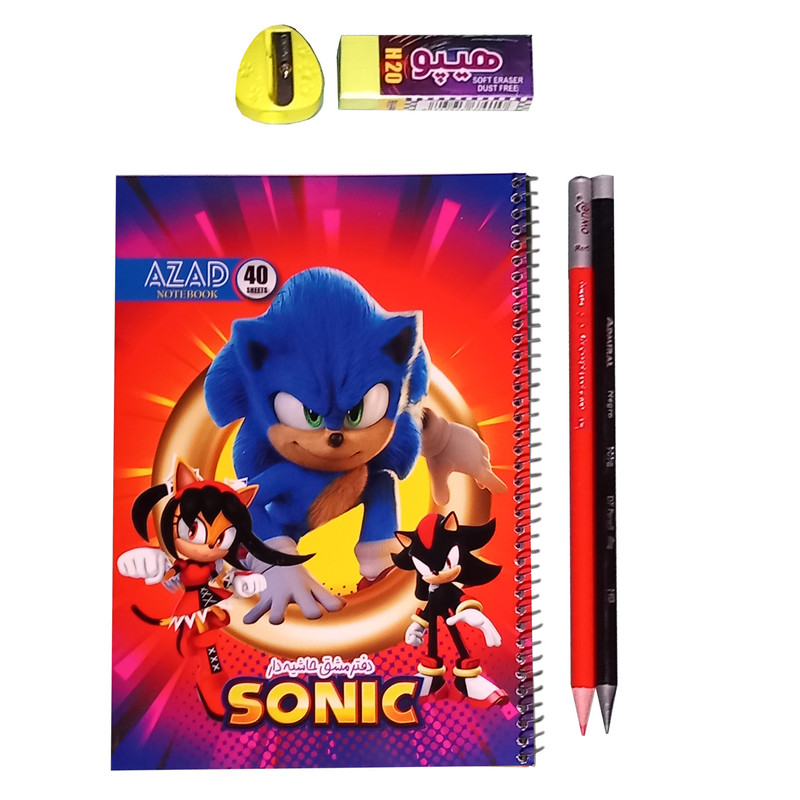 دفتر مشق 40 برگ آزاد طرح حاشیه دار مدل D412 به همراه لوازم تحریر مجموعه 5 عددی