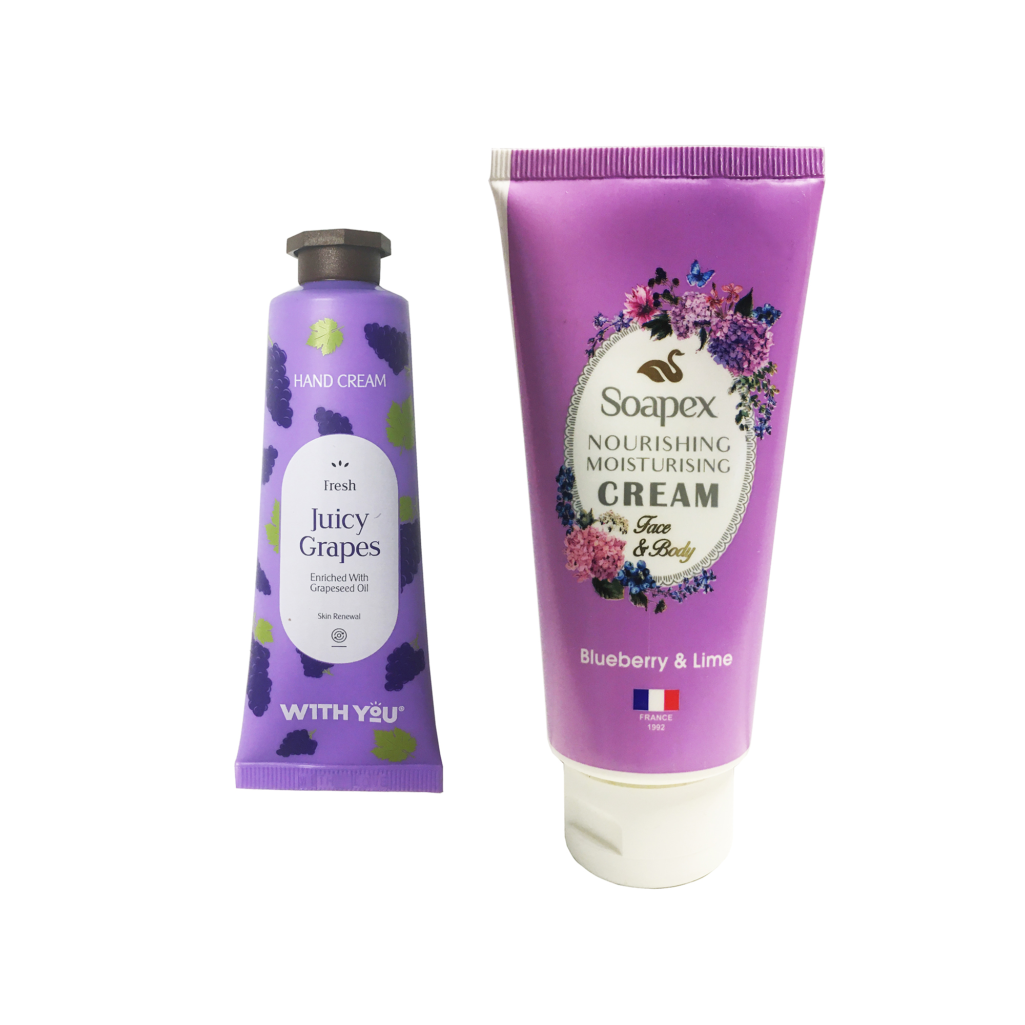 کرم آبرسان و مرطوب کننده سوپکس مدل blueberry2 حجم 90 میلی لیتر به همراه کرم مرطوب کننده ویت یو مدل Juicy Grapes حجم 50 میلی لیتر 