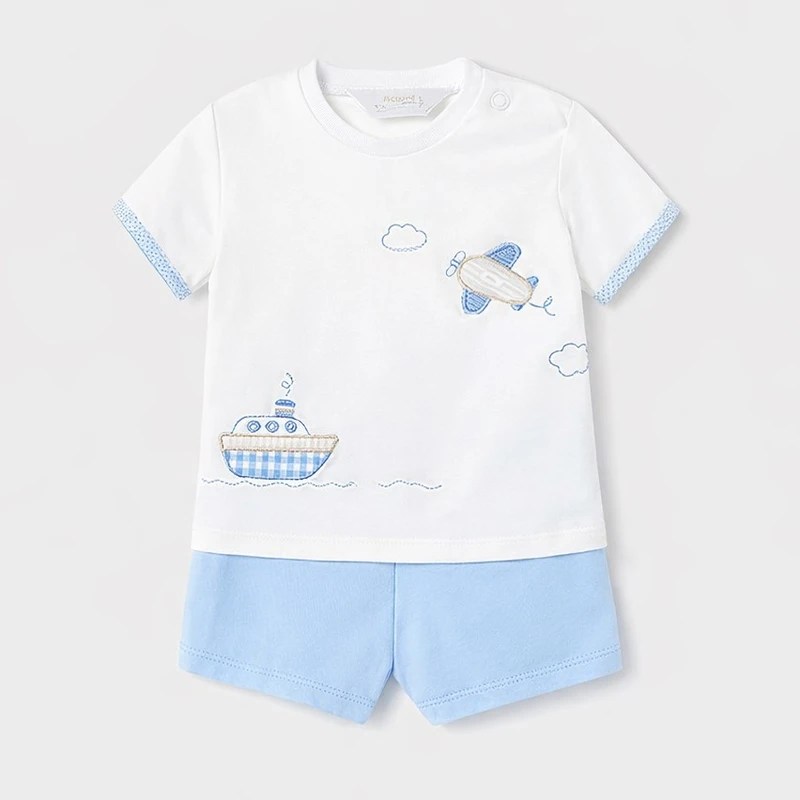 ست تی‌شرت آستین کوتاه و شلوارک راحتی نوزادی مایورال مدل گلدوزی و تیکه دوزی هواپیما و کشتی کد 1619