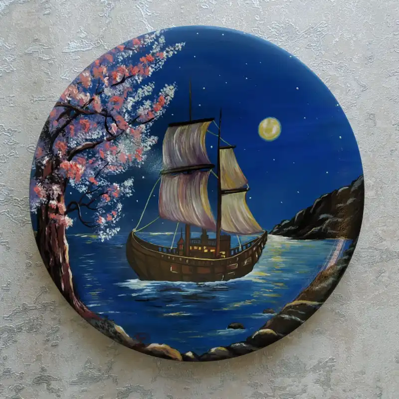 بشقاب دیوارکوب سفالی طرح منظره مدل شب مهتابی