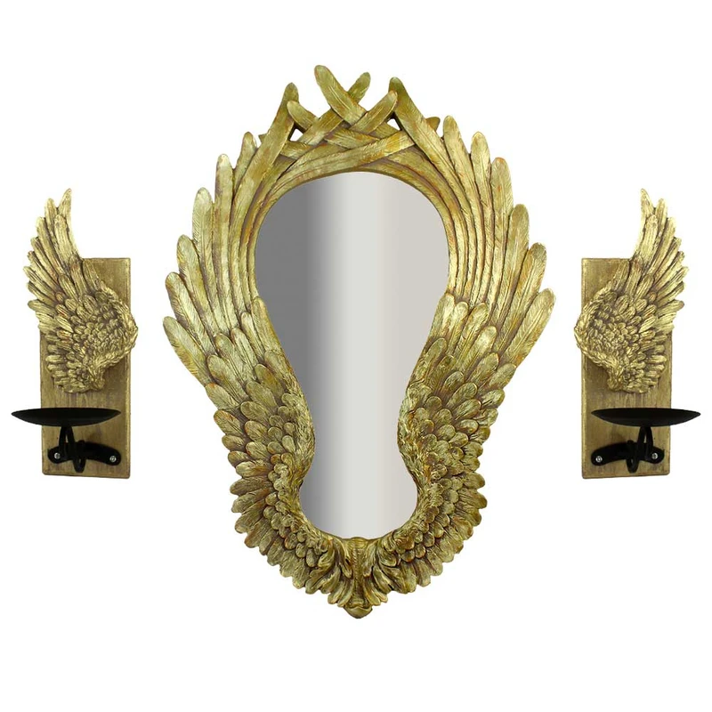 آینه دیواری مدل بال پرواز کد 35-63 به همراه شمعدان مجموعه 3 عددی 