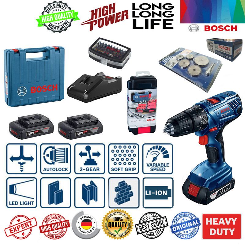 دریل پیچ گوشتی چکشی شارژی بوش مدل GSB 180 LI-2A مجموعه 72 عددی